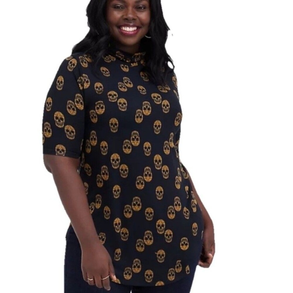 Torrid 2x Super Soft Gold Skull Tunic Top Black Goth Whimsy